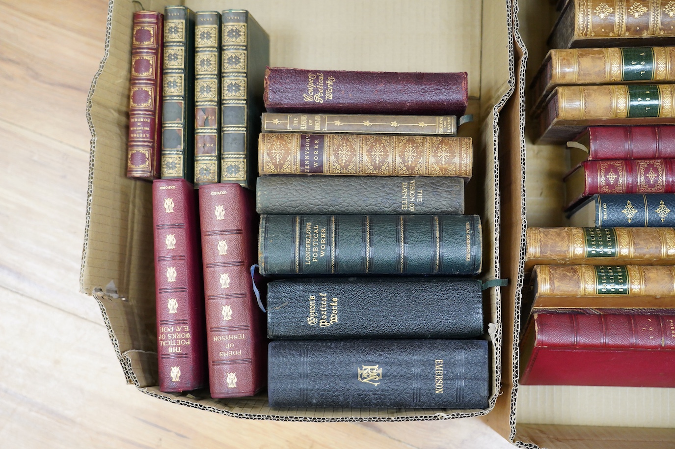 A quantity of leather bound poetical works, including Byron, Longfellow, Dante, Tennyson etc, Condition - fair to good